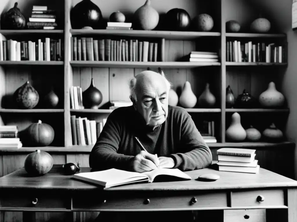 Eduardo Galeano retrató cultura uruguaya, sumido en profunda reflexión en su escritorio, rodeado de arte y literatura uruguaya