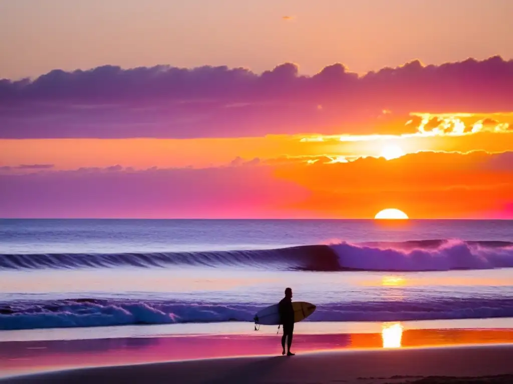 Surfista camina al atardecer con colores deslumbrantes en Punta del Diablo, una de las mejores playas para surf en Uruguay