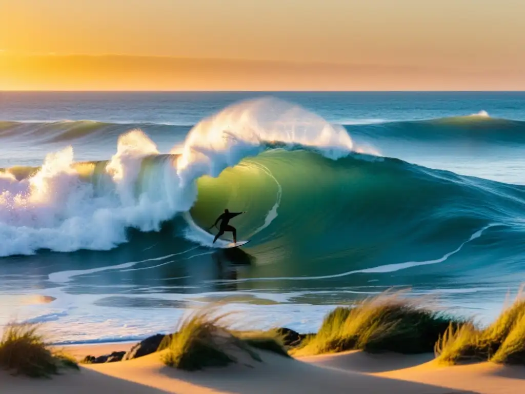 Un surfista desafiando la gravedad en uno de los mejores amaneceres dorados en Punta del Diablo, una de las mejores playas para surf en Uruguay