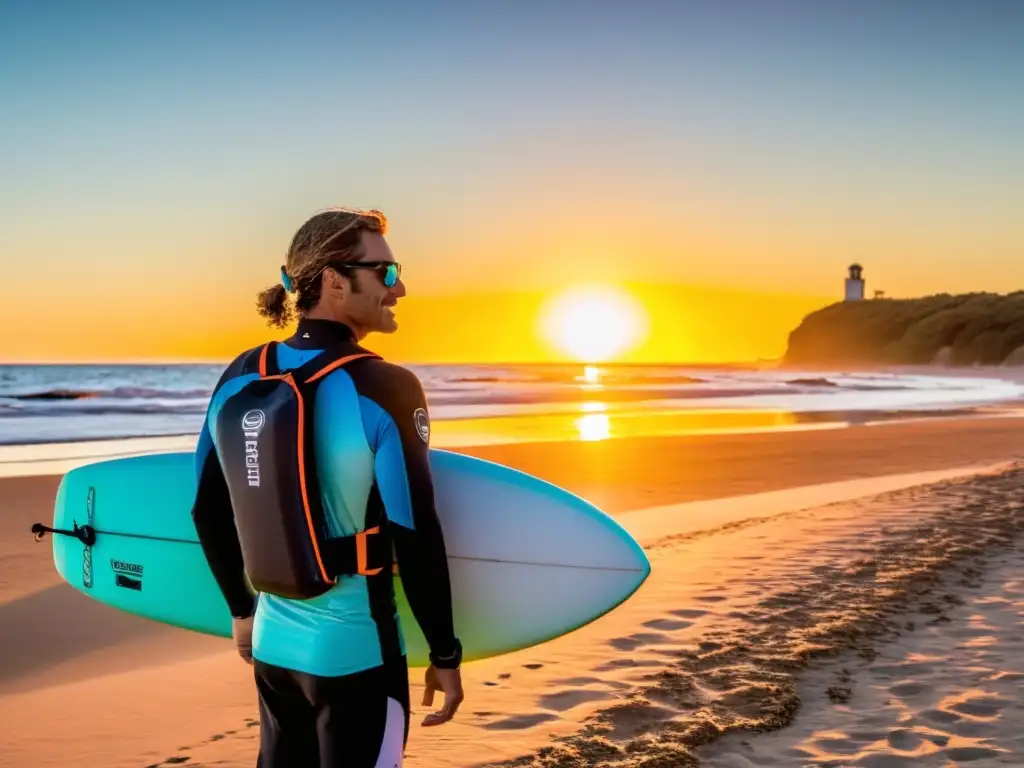 Un surfista contempla un mágico atardecer en Uruguay, rodeado de su equipo de deportes acuáticos, listo para la aventura