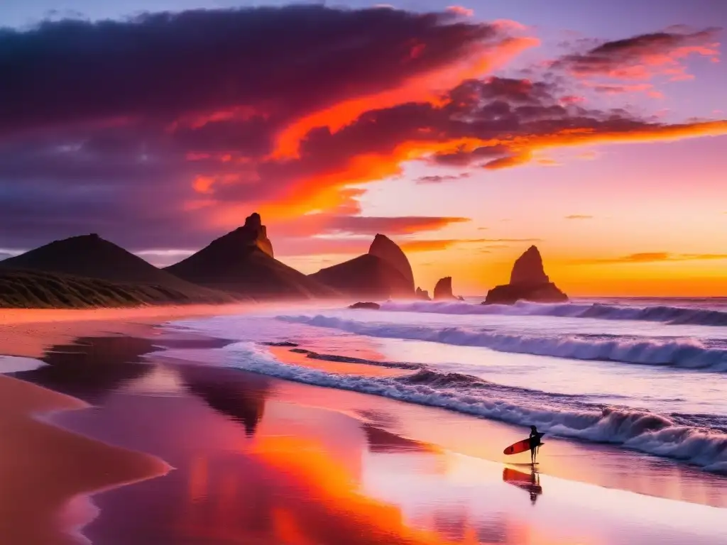 Surfista solitario admirando el atardecer explosivo en una de las mejores playas para surf en Uruguay, reflejando la belleza salvaje del lugar