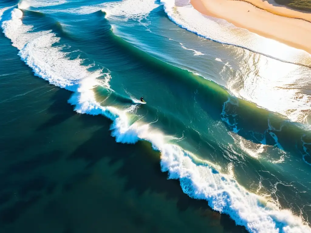 Surfista solitario atrapando una ola al atardecer, desvelando los secretos del surf en Uruguay en un paisaje costero impresionante