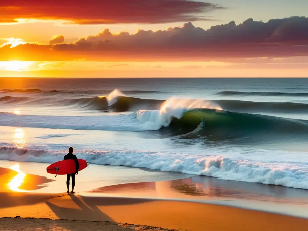 Surfista solitario desafiando las olas en la dorada puesta de sol de Punta del Diablo, una de las mejores playas para surf en Uruguay