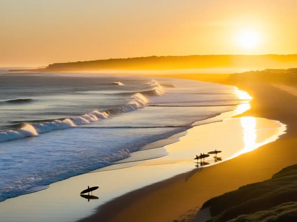 Surfistas disfrutando del amanecer dorado en Punta del Diablo, revelando los secretos del surf en Uruguay