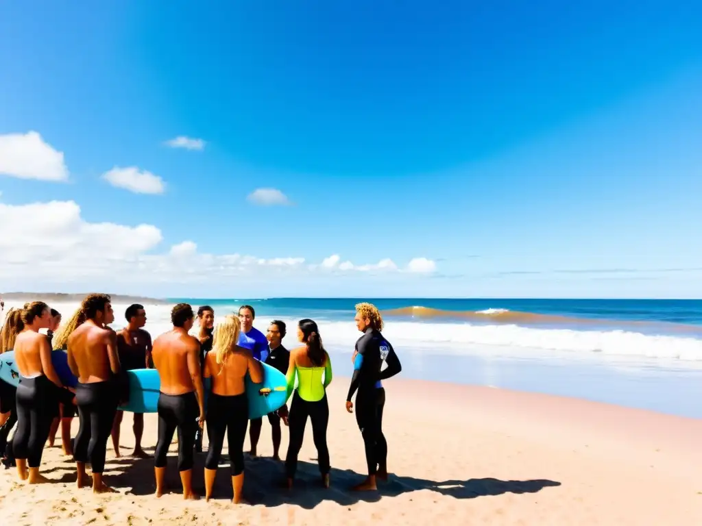 Surfistas deslizándose por las olas en una de las mejores playas para surf en Uruguay, mientras estudiantes aprenden en la arena dorada