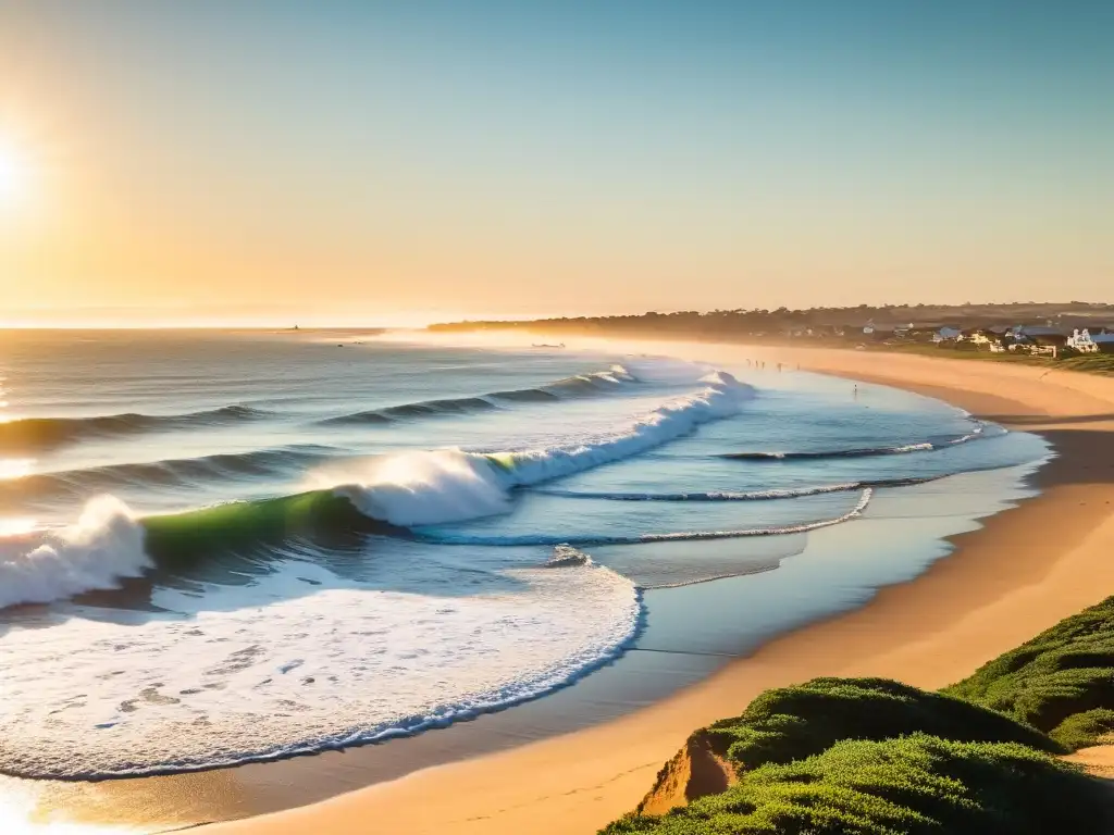 Surfistas desafían las poderosas olas en Punta del Diablo, uno de los mejores spots para surfear en Uruguay, bajo un cielo azul brillante