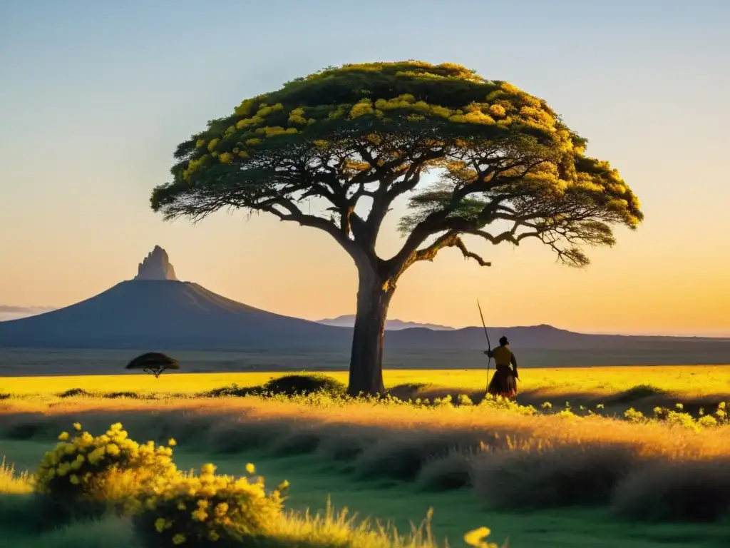 Tabaré Cacique Charrúa desafiante bajo el sol dorado de Uruguay, rodeado de la historia del Imperio Español, un guayacán en flor