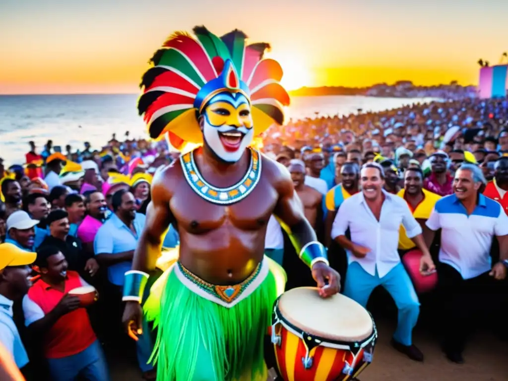 Tambores de Candombe iluminados por el atardecer en el Carnaval Uruguay: magia, color, alegría, rodeados de espectadores encantados