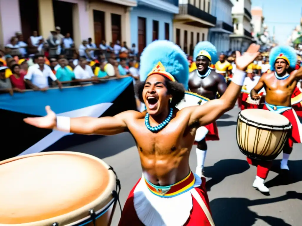 Tambores de Candombe resonando en la vibrante y apasionada Tradición Desfile Llamadas Uruguay, entre alegría y luces doradas