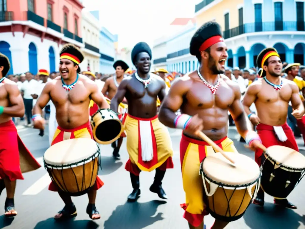 Tambores vibrantes en el Candombe, tradición cultural uruguaya, bajo un cielo crepuscular, evocando intensidad y alegría