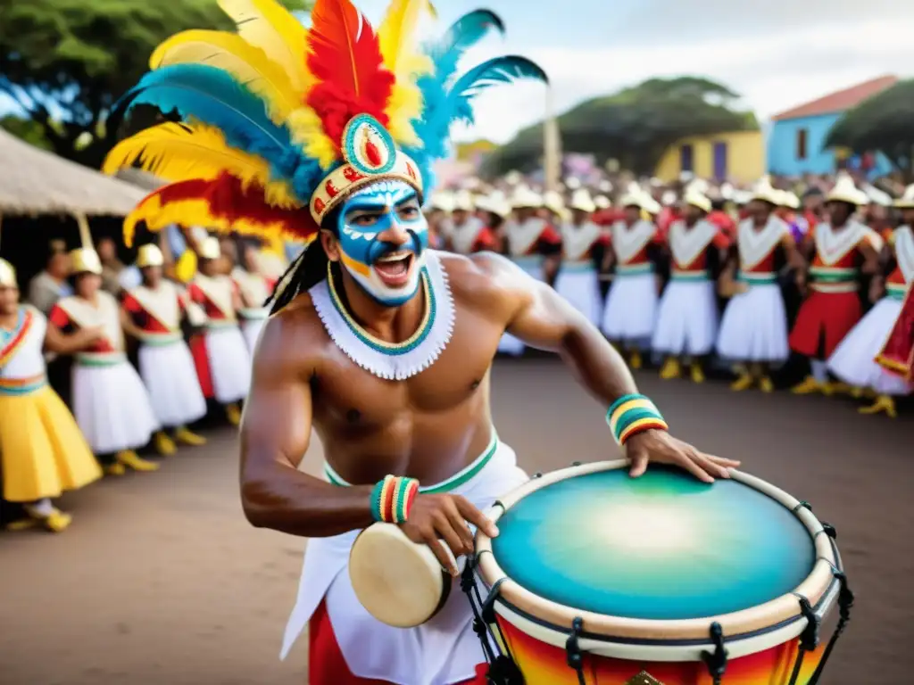 Tamborilero de Candombe en Carnaval Uruguay, su rostro pintado vibrante y traje tradicional danzando, evocando la cultura y tradición Uruguaya