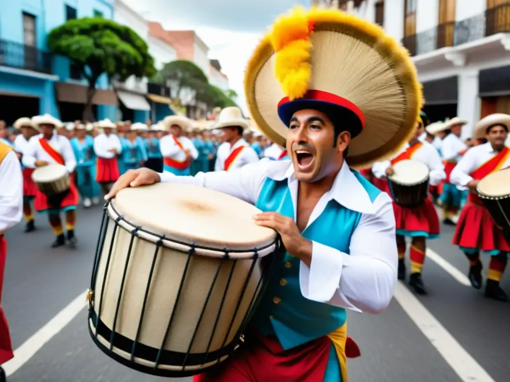 Tamborilero con vestimenta vibrante, inmerso en la tradición del Desfile de Llamadas de Uruguay, rodeado de colores y alegría