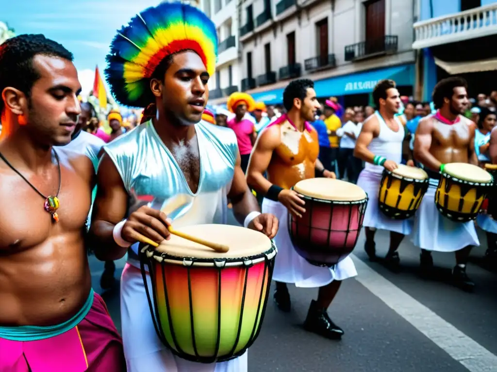 Tamborileros de Candombe, cultura afrouruguaya, brillando en el desfile de Las Llamadas en Montevideo, sus ritmos cautivan a locales y turistas