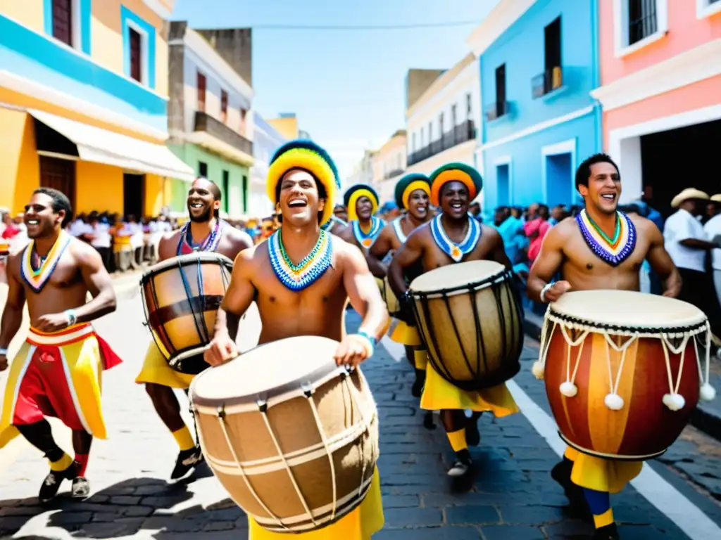 Tamborileros de candombe desfilando con orgullo y energía en la vibrante Tradición Desfile Llamadas Uruguay