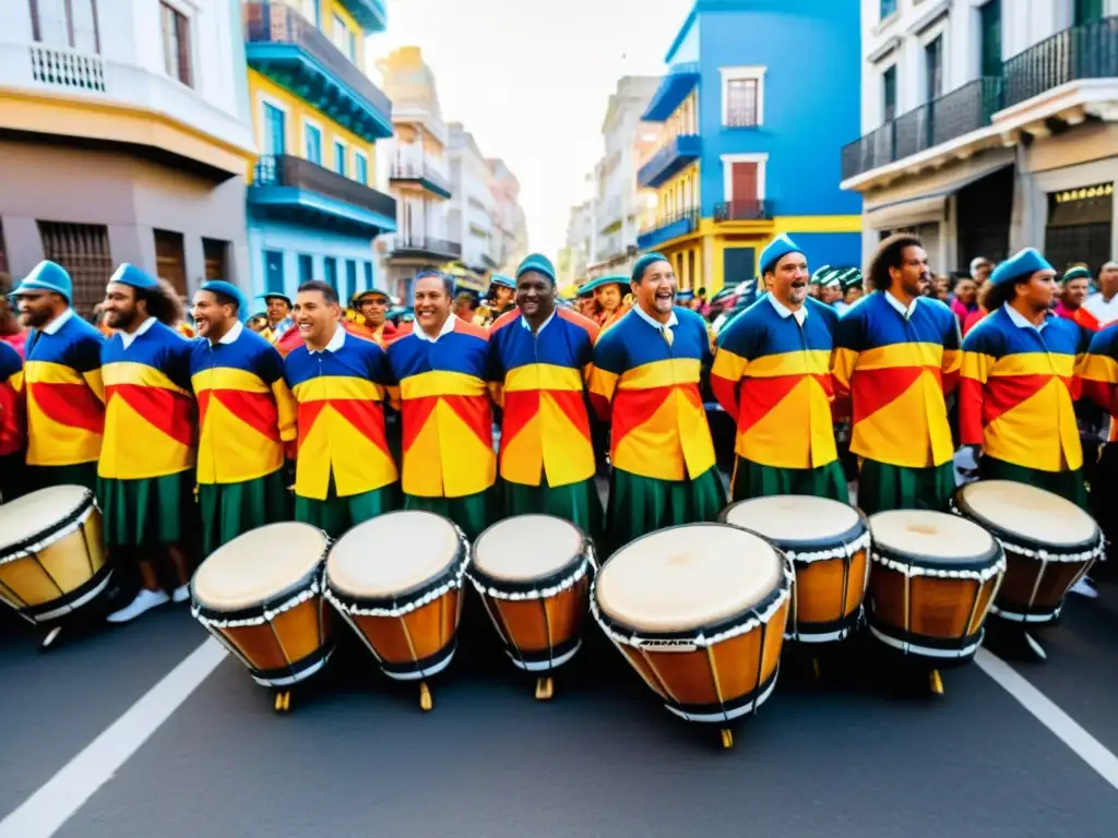 Tamborileros de Candombe, corazón rítmico de Uruguay, animan alegremente las calles de Montevideo en el atardecer dorado del Desfile de Llamadas