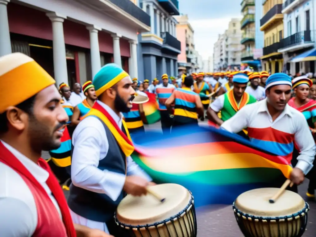 Tamborileros enérgicos en una tradicional parada de Candombe: corazón rítmico de Uruguay, en una calle antigua de Montevideo al atardecer