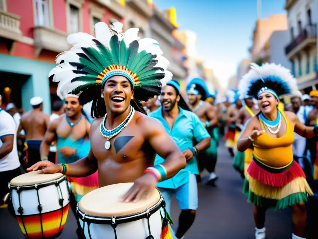 Tamborileros con trajes coloridos y rostros pintados con símbolos indígenas, evidenciando la influencia indígena en festividades uruguayas, animan un vibrante Carnaval de Montevideo