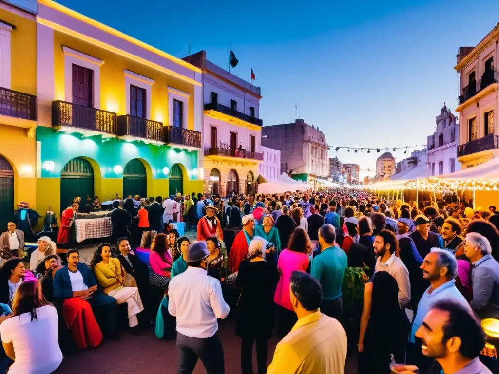 Teatro independiente en acción en un vibrante festival callejero en Montevideo, Uruguay, bajo luces cálidas y banderas de eventos coloridos