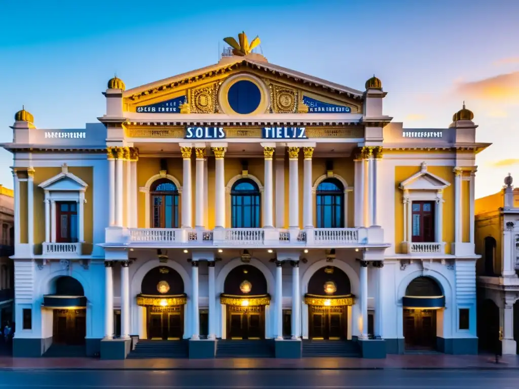 Teatros históricos en Uruguay: El majestuoso Teatro Solís de Montevideo, brillando al atardecer, promete eventos culturales