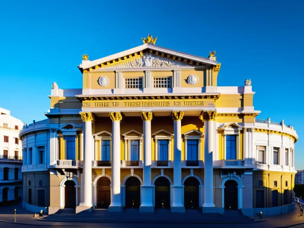 Teatros históricos en Uruguay: el majestuoso Teatro Solís en Montevideo, brillando bajo el sol poniente entre el ajetreo de la ciudad