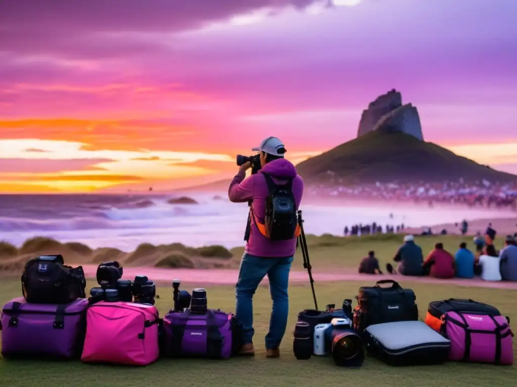 Técnicas de fotografía para festivales uruguayos: fotógrafo capturando la danza del candombe en un atardecer vibrante