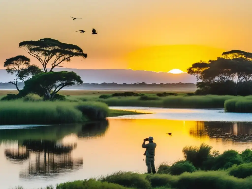 Temporadas de observación de aves en Uruguay: Un amanecer dorado ilumina el humedal repleto de aves y un observador maravillado