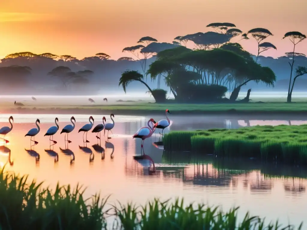 Temporadas de observación de aves en Uruguay: amanecer dorado en los pantanos, flamencos rosados volando sobre aguas tranquilas