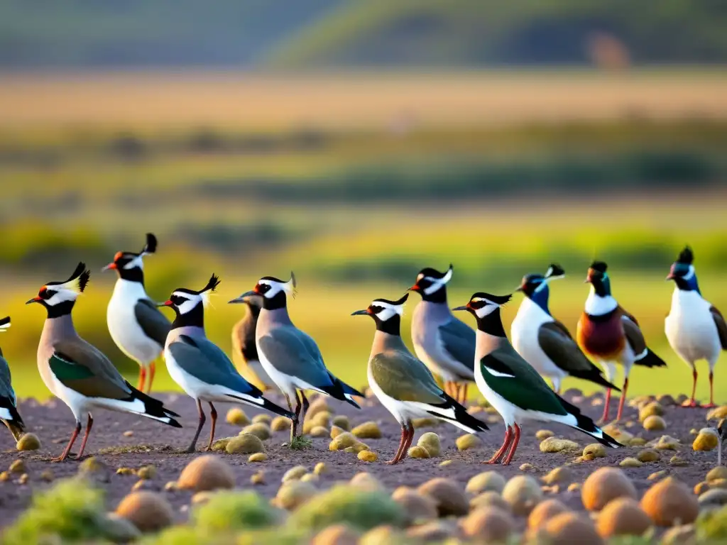 Temporadas de observación de aves en Uruguay: Un Tero en vuelo y aves autóctonas en humedales verdes al amanecer