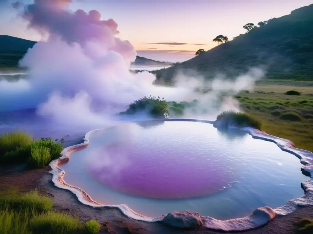 Termas del Inca en Uruguay, un oasis de tranquilidad y sanación en medio del verde paisaje, bajo un cielo teñido de rosas y lavandas al atardecer