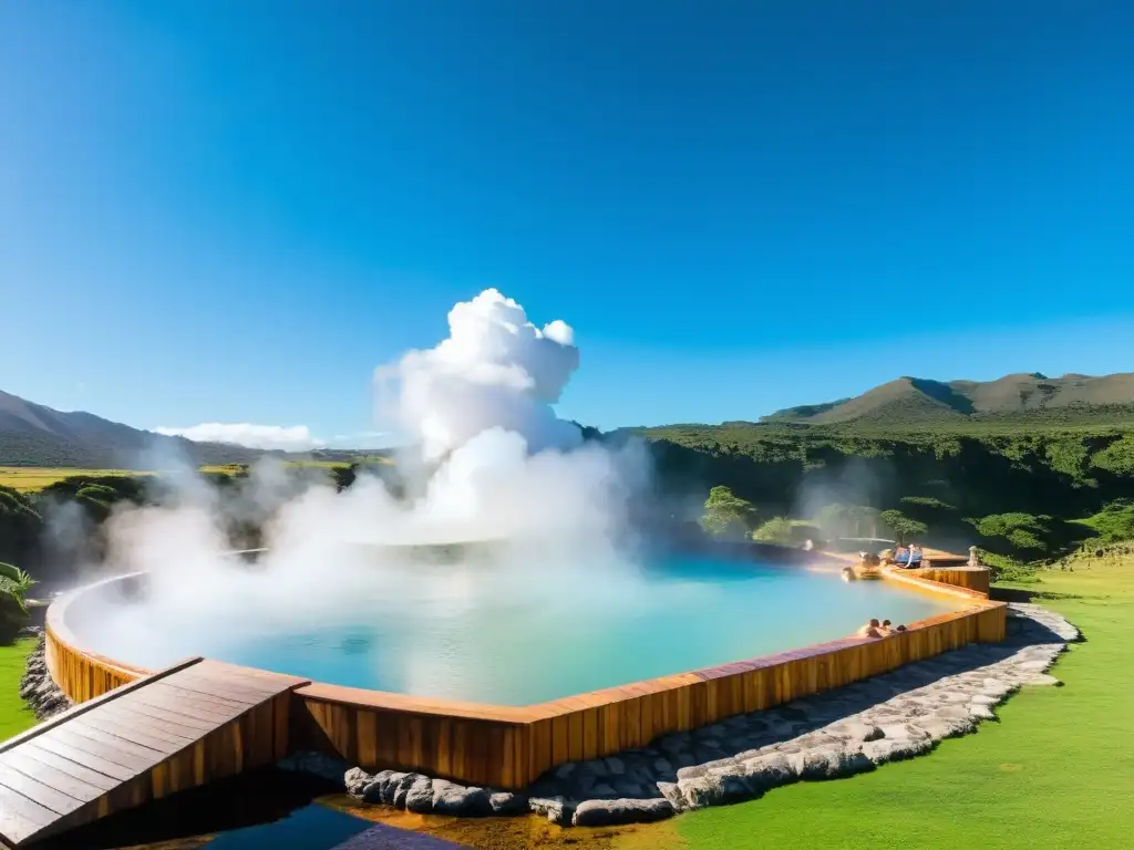 Termas del Inca en Uruguay, bañadas por el sol poniente, contrastan la arquitectura Inca con modernos visitantes sumergidos en aguas termales azules