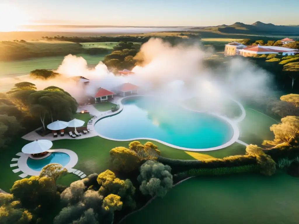 Amanecer en las Termas del Inca en Uruguay, con vapores danzantes sobre aguas termales y vegetación exuberante alrededor