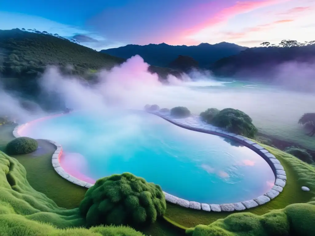 Amanecer en las Termas del Inca en Uruguay, baños termales rodeados de vegetación esmeralda y un cielo en tonos pastel