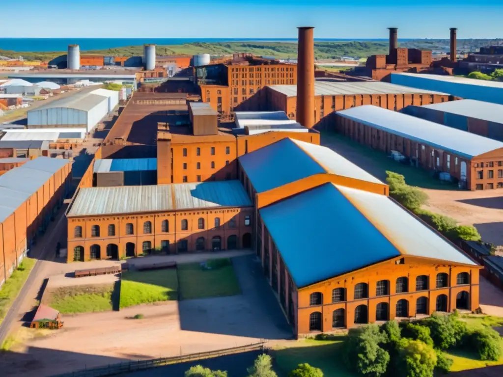 Explorar tesoros UNESCO Uruguay: el majestuoso paisaje industrial de Fray Bentos, con sus estructuras de metal y ladrillo bajo un cielo azul infinito