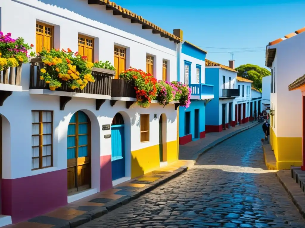 Explorar tesoros UNESCO Uruguay: Vibrante escena en Colonia Del Sacramento con faro, calles empedradas, y un coche vintage bajo un cielo atardecer