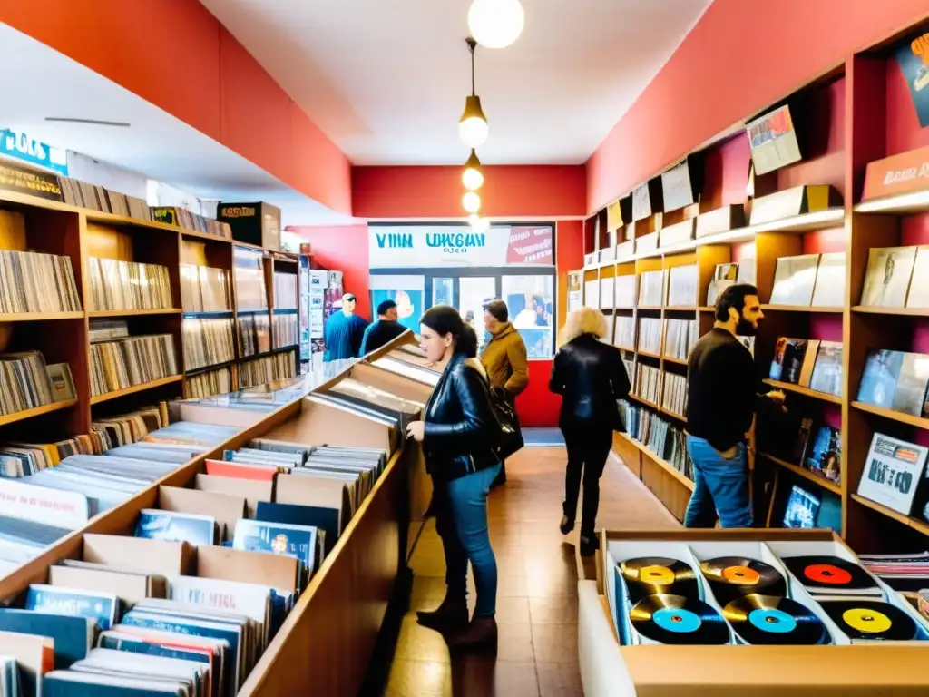 Tienda de vinilos llena de vida en Montevideo, reflejando la transición de la música uruguaya en la era digital, al atardecer