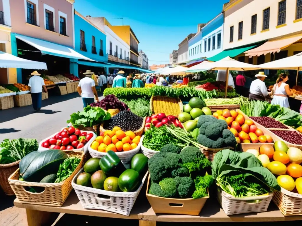 Tiendas naturistas orgánicas en Uruguay cobran vida en un mercado lleno de color, frescura y encanto, bajo un cielo azul brillante