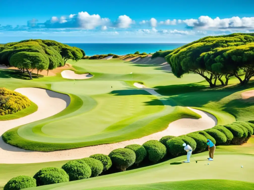 Torneos de golf prestigiosos en Uruguay, jugadores en competencia, en un impecable campo verde bajo un cielo azul brillante