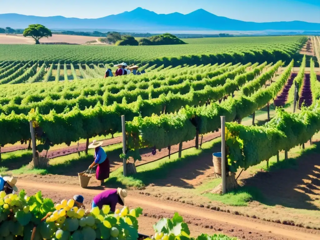 Trabajadores en atuendo gaucho recogiendo uvas en un viñedo rústico de Canelones, Uruguay, bajo el sol de abril, preludio de los festivales imperdibles Uruguay