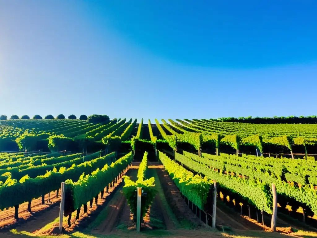 Trabajadores en bodegas icónicas de Uruguay cuidan viñedos vibrantes bajo un cielo azul brillante, invitando al viaje