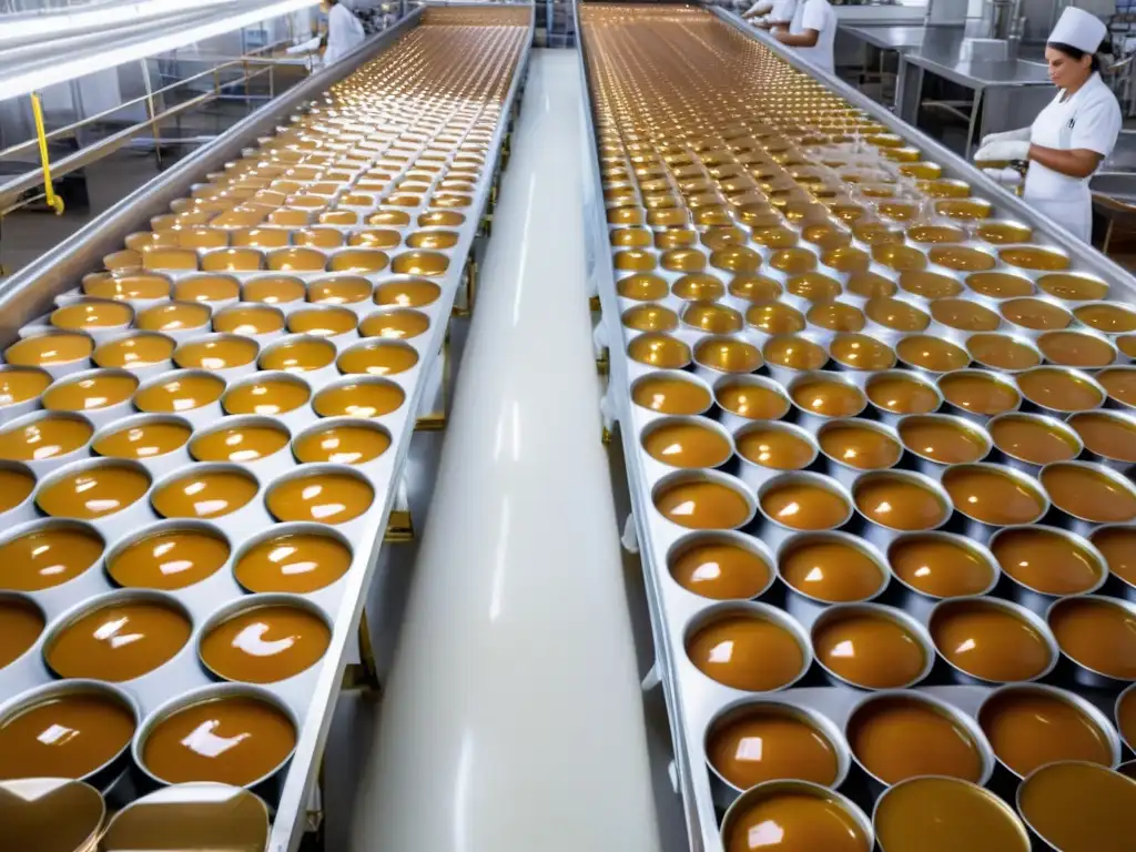 Trabajadores en uniformes blancos preparando con esmero la receta tradicional del dulce de leche uruguayo en una fábrica luminosa al atardecer