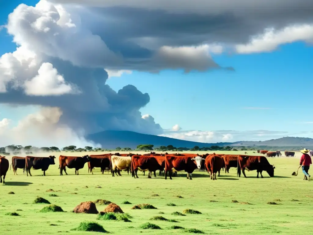 Tradicional asado uruguayo en la pampa, con gauchos atendiendo la carne y una mesa rústica bajo el cielo azul