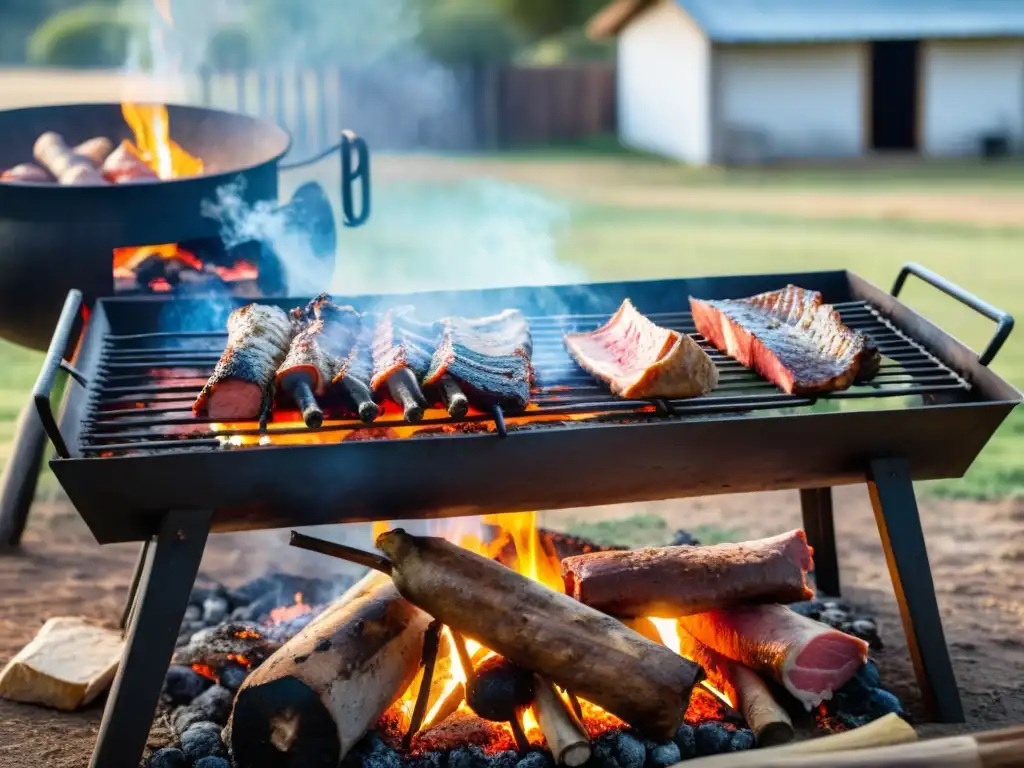 Tradicional asado uruguayo en plena naturaleza, con carne jugosa sobre brasas ardientes y un ambiente de camaradería y risas