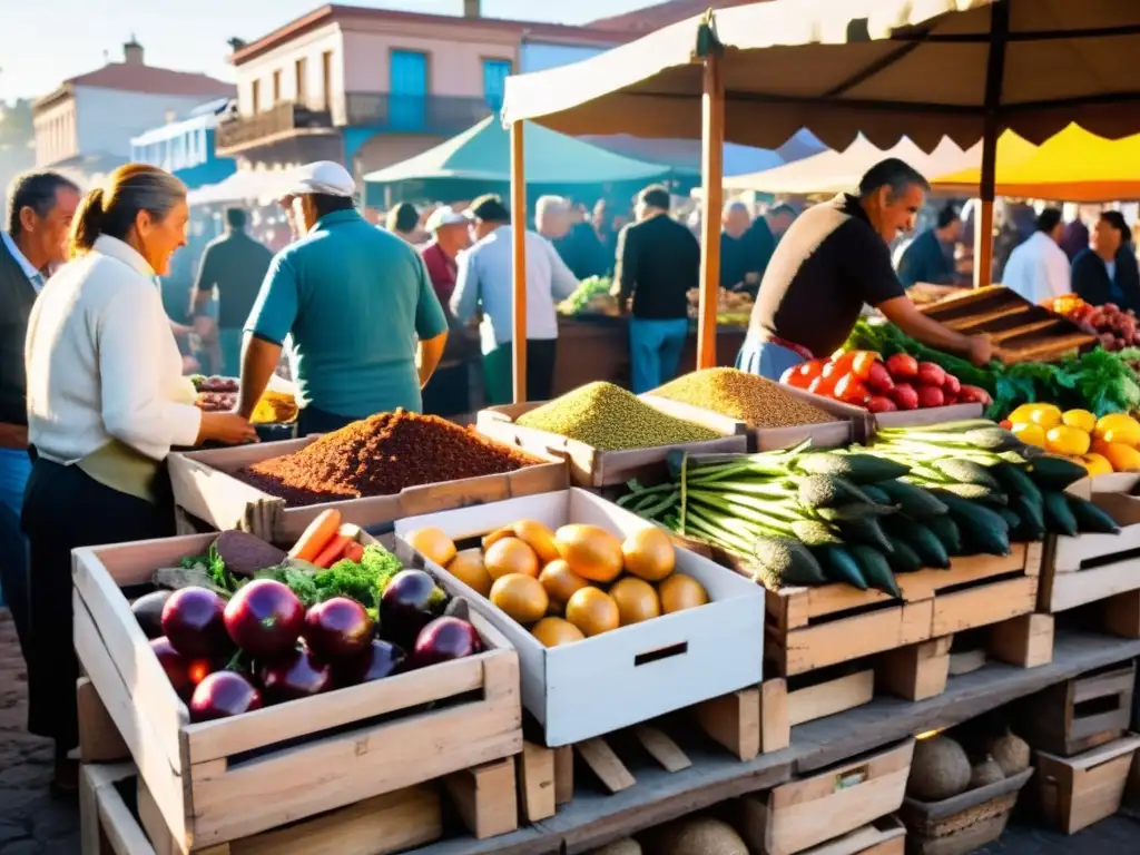 Tradiciones y costumbres de pueblos uruguayos cobran vida en un bullicioso mercado, con frutas frescas, especias y un asado bajo el atardecer dorado