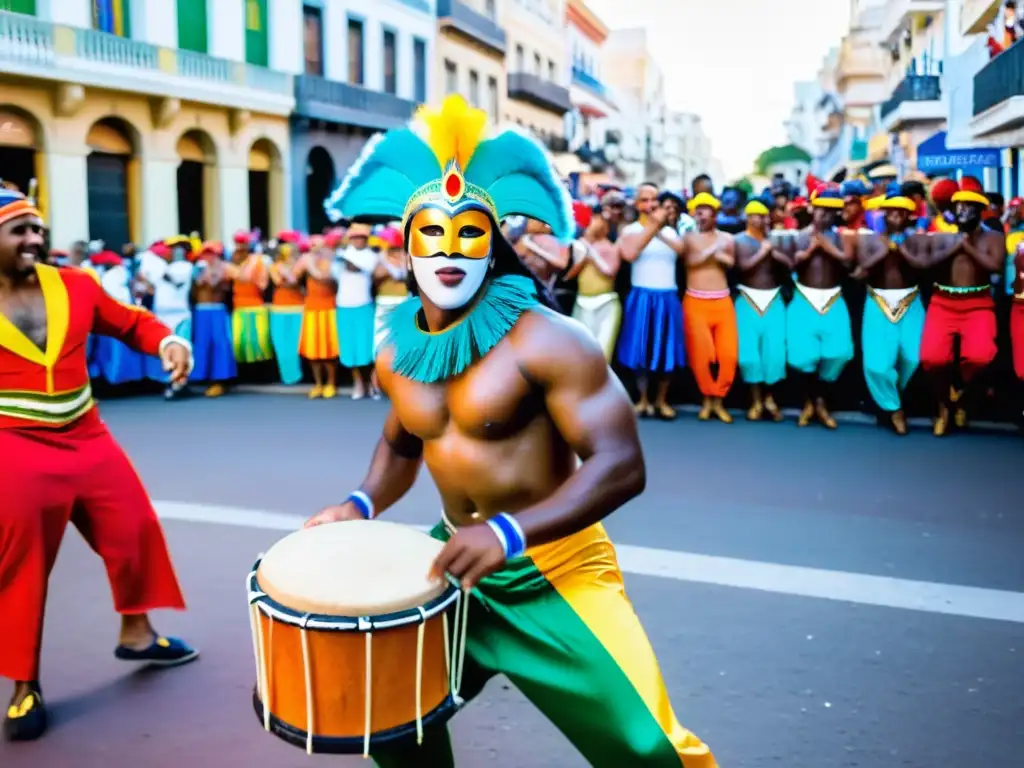 Tradiciones culturales Uruguay visita: Candombe en Carnaval, danzantes vibrantes bajo el dorado atardecer de Montevideo