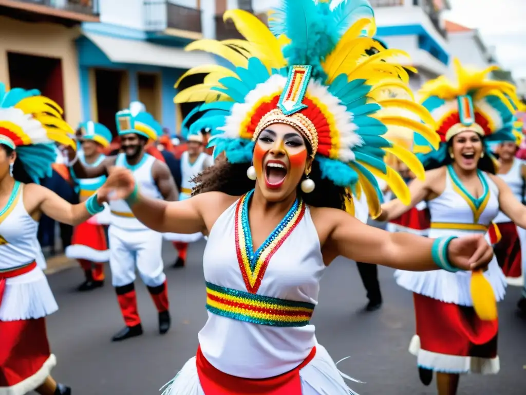 Tradiciones culturales Uruguay visita: Candomberos bailando en el carnaval 'Las Llamadas', llenando las calles de Montevideo con alegría y color