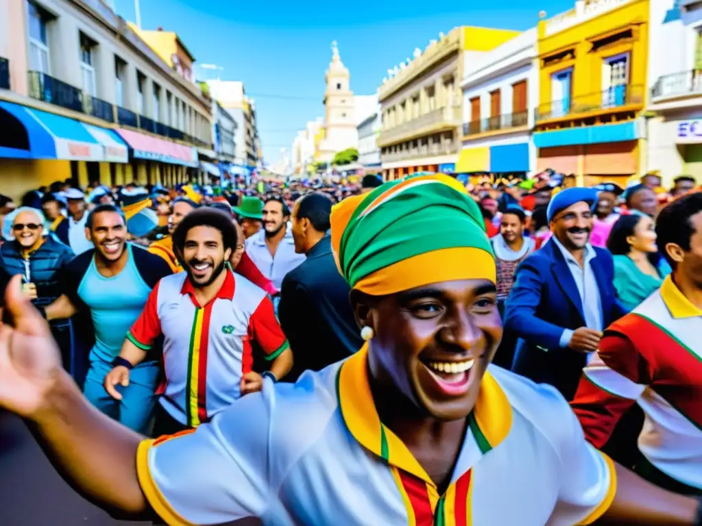 Tradiciones culturales de Uruguay en visita: danzantes de Candombe en Carnaval de Montevideo, llenos de alegría y pasión bajo faroles y confeti