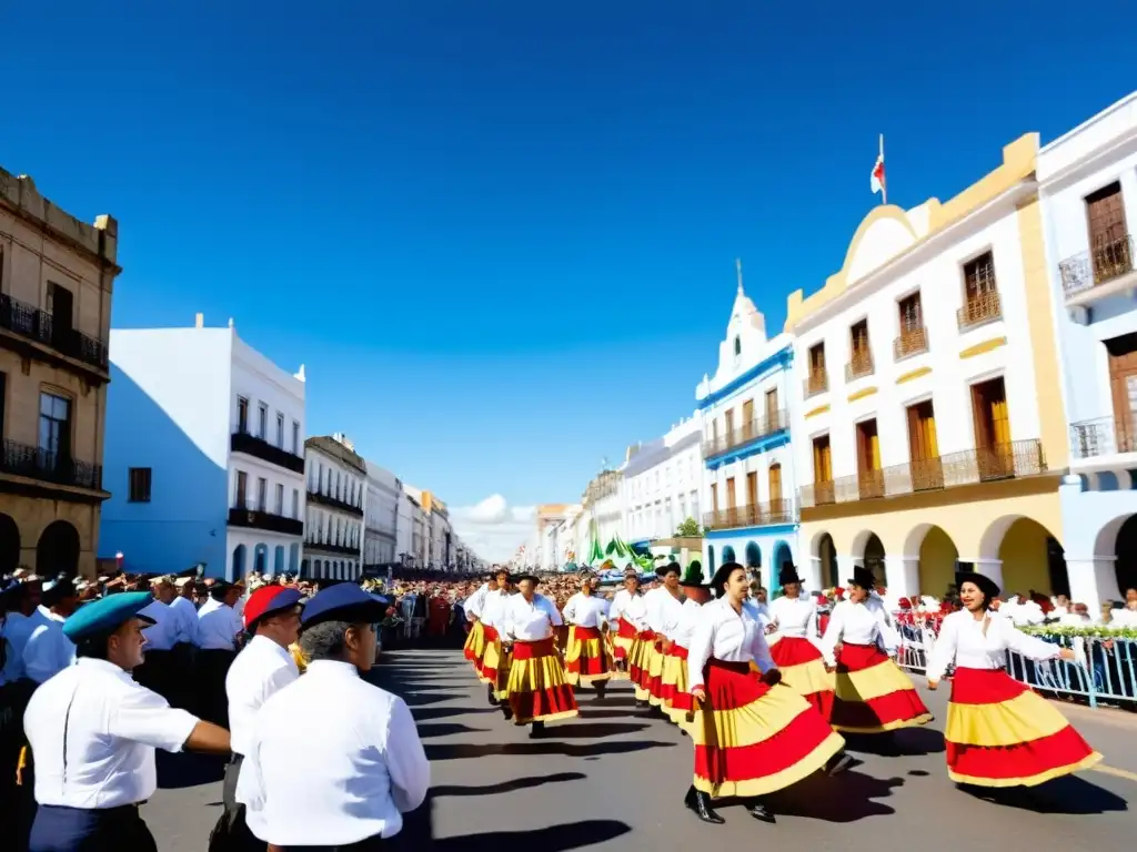 Tradiciones y festivales uruguayos en pleno apogeo bajo el cielo azul, con danzas coloridas, comidas típicas y la calidez del clima