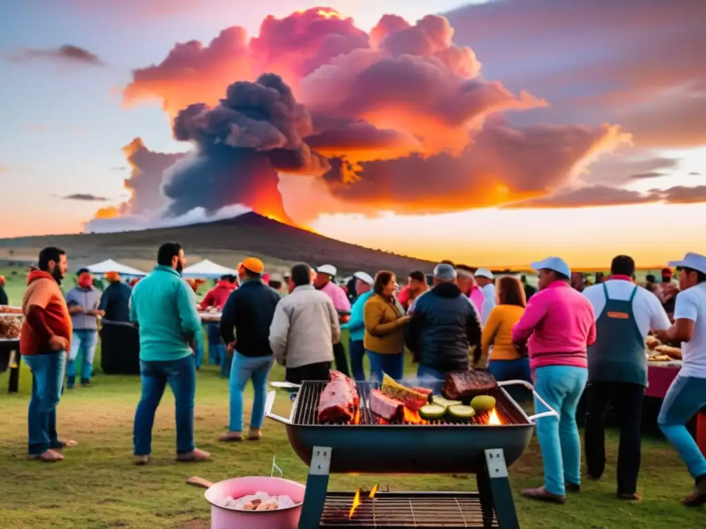 Tradiciones festivas en Uruguay: asado al atardecer con cielo anaranjado, gauchos cocinando y amigos compartiendo risas y delicias locales