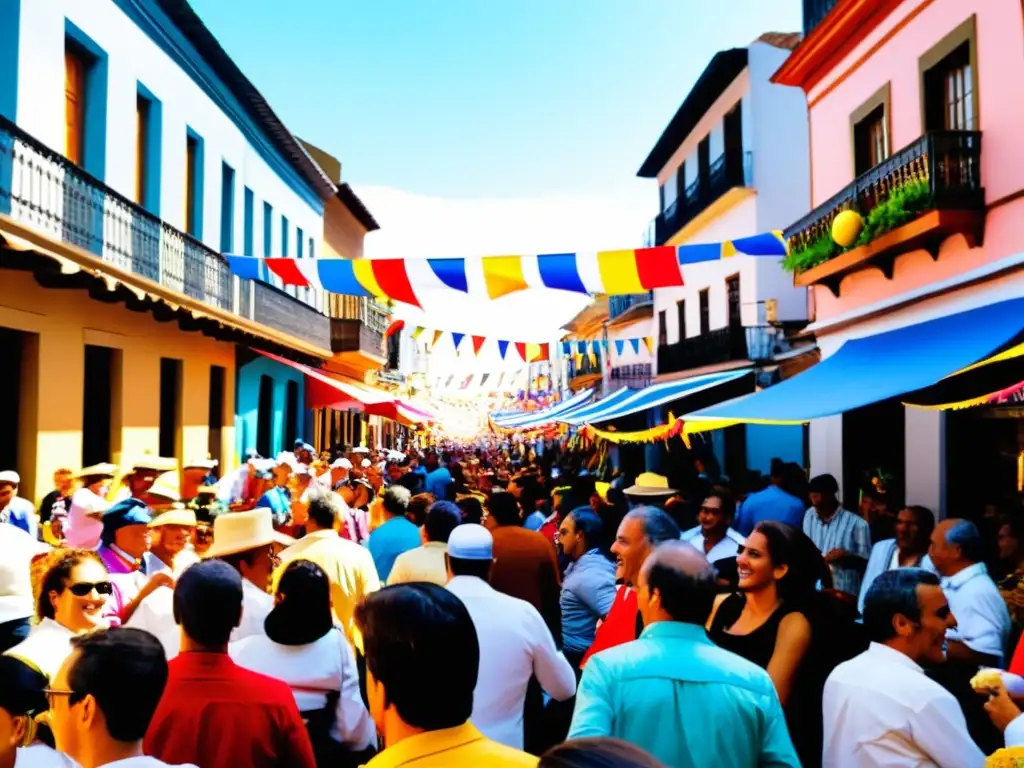 Tradiciones festivas en Uruguay cobran vida en una calle bulliciosa, banderines vibrantes, danzas al son del Candombe y risas llenas de alegría