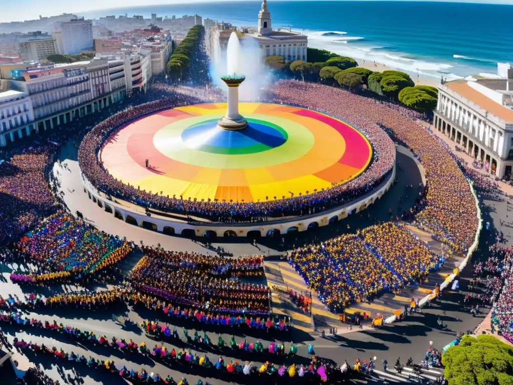 Tradiciones festivas en Uruguay cobran vida en el Carnaval de la Plaza Independencia de Montevideo, un festín de colores y alegría